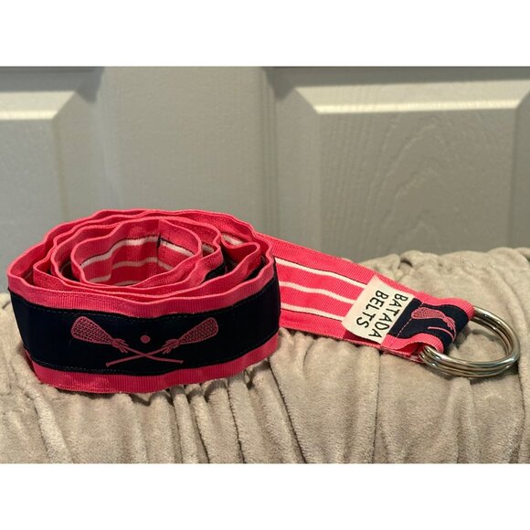 Preppy Lacrosse-Themed D-Ring Canvas Belt By Batada Navy Blue & Pink Stripes - Picture 2 of 3